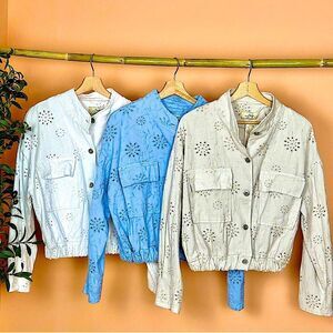 Women's Eyelet Jackets - White, Blue, and Tan
